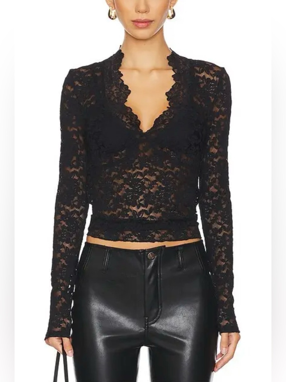 Free People Intimately All Day Lace Top NWT Black Long Sleeves Stretchy Layer L - Picture 2 of 10